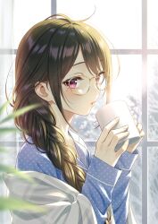 1girl ayano_(morikura_en) blue_skirt braid brown_hair commentary cup english_commentary glasses hair_over_shoulder highres holding holding_cup long_hair looking_at_viewer mole mole_under_eye morikura_en original parted_lips polka_dot polka_dot_shirt purple_hair sample_watermark shirt single_braid skirt sleeves_past_wrists solo upper_body watermark window yellow-framed_eyewear