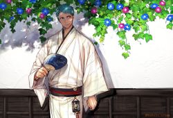 Rule 34 | 10s, 1boy, blue hair, clenched hand, hand fan, flower, holding, holding fan, japanese clothes, looking to the side, male focus, morning glory, scar, shade, solo, touken ranbu, twitter username, yamabushi kunihiro