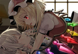 Rule 34 | 2girls, bite mark, biting, blonde hair, blood, blurry, blurry background, blush, bow, braid, breasts, commentary request, closed eyes, fang, flandre scarlet, from side, green bow, hair bow, hat, hat ribbon, holding another&#039;s hair, indoors, izayoi sakuya, lamp, looking at another, medium breasts, mob cap, multiple girls, neck biting, open mouth, profile, puffy short sleeves, puffy sleeves, red eyes, red ribbon, red vest, ribbon, shirt, short sleeves, silver hair, touhou, twin braids, upper body, vampire, vest, white headwear, white shirt, window, wings, yellow neckwear, yuri, yuuka nonoko