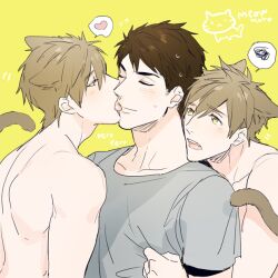 Rule 34 | 3boys, animal ears, bad id, bad tumblr id, black hair, blush, brown hair, cat boy, cat ears, cat tail, clone, closed eyes, collarbone, free!, green eyes, grey shirt, heart, licking lips, looking at another, male focus, multiple boys, namekaho, nude, romaji text, shirt, short hair, short sleeves, sound effects, speech bubble, spoken heart, sweat, tachibana makoto, tail, tongue, tongue out, upper body, yamazaki sousuke, yaoi