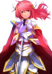 Rule 34 | 1girl, absurdres, ahoge, armor, cape, cowboy shot, full armor, gauntlets, gloves, highres, long hair, looking at viewer, original, pink eyes, pink hair, rapier, simple background, solo, sword, tarbo (exxxpiation), weapon, white background