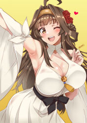 Rule 34 | 1girl, ;d, ahoge, alternate eye color, anniversary, aoi manabu, arched back, arm up, armpits, blush, breasts, brown eyes, brown hair, cleavage, commentary request, dated, detached sleeves, double bun, dress, flower, hair bun, hair flower, hair ornament, hairband, halterneck, heart, highres, jewelry, kantai collection, kongou (kancolle), large breasts, long hair, looking at viewer, one eye closed, open mouth, red flower, red rose, ring, rose, signature, sleeveless, sleeveless dress, smile, solo, teeth, upper teeth only, wedding ring, white dress, wide sleeves, yellow background