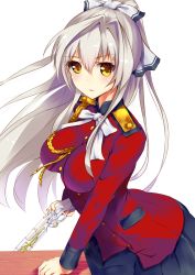 Rule 34 | 10s, 1girl, aiguillette, alternate hair color, amagi brilliant park, blush, bow, breasts, brown eyes, coat, gun, hair bow, hair ribbon, henet hene, impossible clothes, large breasts, long hair, looking at viewer, military, military uniform, musket, ponytail, red coat, ribbon, rifle, sento isuzu, skirt, solo, standing, uniform, weapon, white background, white hair, yellow eyes