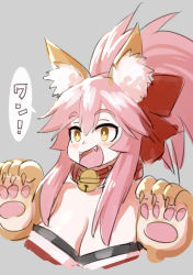 Rule 34 | 10s, 1girl, :d, absurdres, animal ears, animal hands, bare shoulders, bell, blush, bow, breasts, bright pupils, cat paws, claws, cleavage, collar, emoshon, facing viewer, fangs, fate/extra, fate/grand order, fate (series), fox ears, gloves, grey background, hair between eyes, hair bow, happy, high ponytail, highres, japanese clothes, jingle bell, kimono, large breasts, long hair, looking away, neck bell, open mouth, paw gloves, pink hair, raised eyebrows, red bow, red collar, red kimono, sidelocks, simple background, sketch, smile, solo, speech bubble, talking, tamamo (fate), tamamo cat (fate), tamamo cat (first ascension) (fate), tamamo no mae (fate/extra), thick eyebrows, tongue, upper body, white pupils, yellow eyes