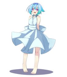 Rule 34 | 1girl, akutsu, arms behind back, bare shoulders, barefoot, blue hair, blush, dress, full body, hairband, highres, open mouth, original, pink eyes, short hair, sleeveless, smile, solo, transparent background