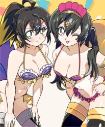 Rule 34 | 2girls, ahoge, bare shoulders, black hair, breasts, brown hair, cleavage, commission, duel monster, green eyes, highres, i:p masquerena, large breasts, long hair, looking at viewer, medium breasts, misaka (missa), multiple girls, purple eyes, s-force rappa chiyomaru, s:p little knight, sidelocks, skeb commission, tongue, tongue out, twintails, yu-gi-oh!