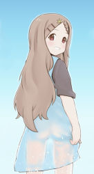 Rule 34 | 10s, 1girl, aoba kokona, ass, blue background, blush, brown eyes, brown hair, gradient background, hair ornament, kiruhi, looking back, see-through, simple background, skirt, smile, solo, yama no susume