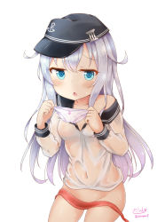 Rule 34 | 1girl, blue eyes, blush, breasts, dress, hair between eyes, hat, hibiki (kancolle), highres, kantai collection, long hair, long sleeves, looking at viewer, open mouth, panties, peaked cap, sailor collar, sailor dress, sailor hat, sainyan (strong7), school uniform, see-through, shirt, silver hair, simple background, small breasts, solo, underwear, undressing, unworn panties, wet, wet clothes, white background, white shirt