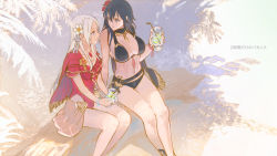 Rule 34 | 2girls, bikini, black bikini, blue hair, breasts, byleth (female) (fire emblem), byleth (female) (summer) (fire emblem), byleth (fire emblem), cape, cleavage, cocktail glass, cup, drinking glass, edelgard von hresvelg, fire emblem, fire emblem: three houses, fire emblem heroes, flower, frilled one-piece swimsuit, frills, hair flower, hair ornament, highres, l0gman, large breasts, looking at another, multiple girls, nintendo, official alternate costume, one-piece swimsuit, red one-piece swimsuit, sitting, swimsuit, white hair