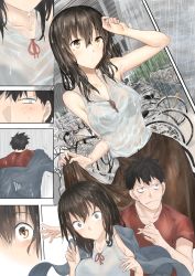 Rule 34 | 1boy, 1girl, araido kagiri, bare arms, bare shoulders, bicycle, black hair, borrowed clothes, bra, bra visible through clothes, breasts, brown hair, close-up, closed mouth, comic, commentary request, day, dutch angle, highres, jacket, jacket on shoulders, unworn jacket, long sleeves, looking afar, original, outdoors, rain, see-through, shirt, short hair, silent comic, skirt, sleeveless, sleeveless shirt, sweat, nervous sweating, underwear, wet, wet clothes, wet hair, yellow eyes