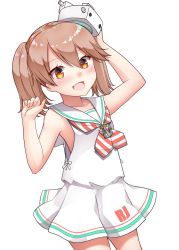 Rule 34 | 1girl, anchor necklace, bad id, bad twitter id, brown eyes, brown hair, character name, commentary request, cosplay, cowboy shot, diagonal-striped clothes, diagonal-striped neckerchief, dress, fang, hair between eyes, hat, highres, jewelry, kantai collection, kirigakure (kirigakure tantei jimusho), long hair, maestrale (kancolle), maestrale (kancolle) (cosplay), mini hat, neckerchief, necklace, open mouth, ribbon, ryuujou (kancolle), sailor collar, sailor dress, simple background, sleeveless, sleeveless dress, smile, solo, striped clothes, striped neckerchief, striped neckwear, twintails, white background, white dress, white ribbon, white sailor collar
