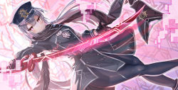 Rule 34 | 1girl, aldehyde, black dress, black gloves, black hat, black pantyhose, black scarf, blush, closed mouth, commentary request, crossed legs, dress, dutch angle, electricity, gloves, glowing, glowing sword, glowing weapon, grey hair, hair between eyes, hat, holding, holding sword, holding weapon, long hair, long sleeves, looking at viewer, low twintails, pantyhose, peaked cap, red eyes, scarf, sky striker ace - roze, solo, sword, twintails, very long hair, weapon, yu-gi-oh!