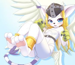 Rule 34 | 1girl, angel wings, angewomon, angewomon (cosplay), animal ears, anklet, ass, asymmetrical clothes, bare shoulders, belt, blonde hair, blue background, blue eyes, blush, breasts, cat ears, cat tail, collarbone, commentary request, cosplay, digimon, digimon (creature), furry, furry female, gradient background, head wings, heart, heart-shaped pupils, helmet, highres, jewelry, keven (ewdx3754), long hair, looking at viewer, open mouth, single pantsleg, small breasts, solo, striped tail, symbol-shaped pupils, tail, tailmon, whiskers, white fur, white legwear, wings