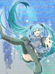 Rule 34 | 1girl, aqua eyes, aqua hair, bad id, bad pixiv id, boots, courreges ace, detached sleeves, female focus, hatsune miku, headset, long hair, necktie, open mouth, panties, pantyshot, skirt, smile, solo, striped clothes, striped panties, thigh boots, thighhighs, twintails, underwear, very long hair, vocaloid