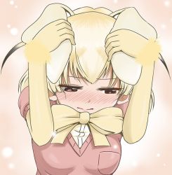 Rule 34 | 10s, 1girl, animal ears, bad anatomy, blonde hair, blush, bow, brown eyes, commentary request, covering own ears, fennec (kemono friends), fox ears, fur trim, gloves, hands on own head, kemono friends, looking away, nose blush, pink background, pink sweater, puffy short sleeves, puffy sleeves, shino (ponjiyuusu), short sleeves, solo, sweater, upper body