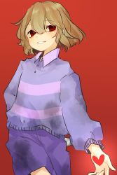 Rule 34 | androgynous, bad id, bad twitter id, blush, brown hair, collared shirt, cowboy shot, dark persona, dirty, dirty clothes, frisk (undertale), gender request, hair between eyes, heart, hiding, highres, holding, holding behind back, holding knife, holding weapon, knife, knife behind back, koyashaka, long sleeves, purple shirt, red background, red eyes, shirt, short hair, shorts, smile, solo, striped clothes, striped shirt, teeth, undertale, weapon