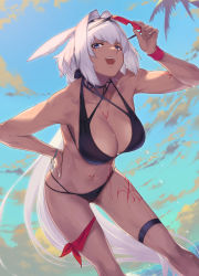 Rule 34 | 1girl, animal ears, bare shoulders, beach, bikini, black bikini, blue eyes, blue sky, body markings, breasts, caenis (fate), caenis (swimsuit rider) (fate), caenis (swimsuit rider) (first ascension) (fate), cleavage, collarbone, unworn eyewear, fate/grand order, fate (series), goggles, hairband, highres, holding, holding removed eyewear, large breasts, long hair, looking at viewer, navel, ohland, open mouth, sky, smile, solo, swimsuit, thigh strap, thighs, very long hair, white hair