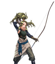 Rule 34 | 1girl, armor, arrow (projectile), belt, bow (weapon), bracer, breastplate, capcom, character request, green hair, high ponytail, long hair, official art, onimusha soul, pants, quiver, solo, weapon