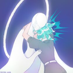 Rule 34 | 2others, androgynous, aqua hair, arms up, chocomel ju1ce, closed eyes, commentary, crystal hair, dual persona, english commentary, gem uniform (houseki no kuni), halo, hand up, happy, highres, houseki no kuni, hug, multiple others, other focus, phosphophyllite, phosphophyllite (10000), puffy short sleeves, puffy sleeves, short hair, short sleeves, smile, spoilers, time paradox, twitter username