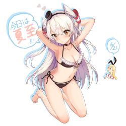 Rule 34 | 2girls, amatsukaze (kancolle), armpits, arms behind head, arms up, barefoot, bikini, black bikini, black choker, blush, breasts, chibi, choker, closed mouth, commentary, dated, frilled bikini, frills, frown, hair tubes, hat, head tilt, heart, kantai collection, kneeling, lifebuoy, long hair, looking at another, looking at viewer, medium breasts, mini hat, multiple girls, orange eyes, shimakaze (kancolle), side-tie bikini bottom, silver hair, solo focus, swim ring, swimsuit, translated, two side up, ukamaru, white background