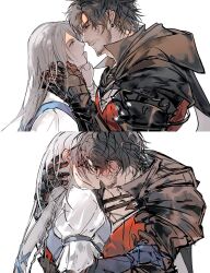 Rule 34 | 1boy, 1girl, armored gloves, black hair, braid, cape, clive rosfield, couple, earrings, facial hair, final fantasy, final fantasy xvi, french kiss, gyulseu, hair ribbon, hands on another&#039;s face, hands on another&#039;s head, highres, hug, imminent kiss, jewelry, jill warrick, kiss, long hair, looking at another, puffy sleeves, ribbon, scar, scar on face, short hair, simple background