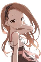 Rule 34 | 1girl, absurdres, bare arms, bare shoulders, black dress, black ribbon, breasts, brown eyes, brown hair, closed mouth, commentary request, dress, from side, hair ribbon, hand up, highres, idolmaster, idolmaster (classic), looking at viewer, looking to the side, minase iori, pink ribbon, ribbon, simple background, sleeveless, sleeveless dress, small breasts, smile, solo, upper body, white background, yamamoto souichirou
