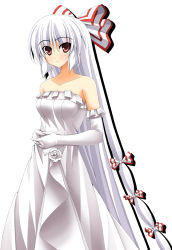 1girl bare_shoulders blush bow dress elbow_gloves female_focus fujiwara_no_mokou gloves hair_bow long_hair rappa_(rappaya) red_eyes simple_background solo touhou very_long_hair wedding_dress white_background white_gloves white_hair