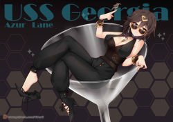 Rule 34 | 1girl, azur lane, bangle, bare shoulders, bird, black footwear, black hair, black legwear, blue eyes, bracelet, breasts, character name, cleavage, cocktail glass, cup, drinking glass, earrings, full body, georgia (azur lane), georgia (south town pearl) (azur lane), hair between eyes, hair ornament, heterochromia, high heels, jewelry, large breasts, long hair, looking at viewer, lying, mini person, minigirl, necklace, open mouth, oversized object, pants, patreon logo, ring, sash, shoes, simple background, smile, solo, sunglasses, virus-g, yellow eyes