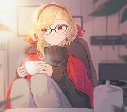 Rule 34 | 1girl, alternate costume, asymmetrical hair, black-framed eyewear, black sweater, casual, chair, closed mouth, commentary, cup, earrings, english commentary, feet out of frame, futomoy, glasses, grey pants, hair ribbon, hairband, highres, holding, holding cup, hololive, hololive indonesia, indoors, jewelry, kaela kovalskia, knees to chest, looking to the side, medium hair, mixed-language commentary, pants, parted bangs, red eyes, red hairband, red ribbon, red shawl, ribbed sweater, ribbon, shawl, sitting, smile, solo, steam, sunlight, sweater, turtleneck, turtleneck sweater, virtual youtuber