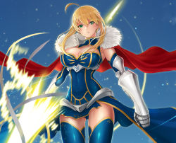 Rule 34 | 1girl, ahoge, armor, artoria pendragon (all), artoria pendragon (fate), artoria pendragon (lancer) (fate), blonde hair, blue legwear, breasts, cape, cleavage, cleavage cutout, clothing cutout, fate/grand order, fate (series), fur trim, gauntlets, greaves, green eyes, holding, holding weapon, huge breasts, lance, looking at viewer, mhg (hellma), polearm, rhongomyniad (fate), saber (fate), solo, type-moon, weapon