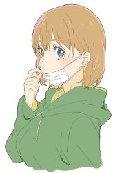 Rule 34 | 1girl, absurdres, bad id, bad twitter id, blue eyes, blush, breasts, brown hair, closed mouth, donguri suzume, earrings, from side, green hoodie, hand up, highres, hood, hood down, hoodie, jewelry, long sleeves, looking at viewer, looking to the side, mask, medium breasts, mole, mole under eye, mouth mask, original, short hair, simple background, snot, solo, surgical mask, upper body, white background
