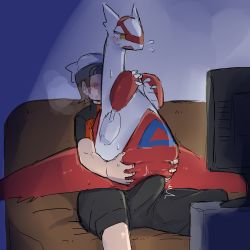 Rule 34 | 1boy, 1girl, black pants, blush, brendan (pokemon), brown hair, bulge, claws, couch, creatures (company), dragon, erection, erection under clothes, faceless, faceless male, game freak, gen 3 pokemon, hands together, hat, highres, latias, legendary pokemon, looking down, nervous, nintendo, nishikun, open mouth, pants, pokemon, pokemon (creature), pokemon rse, shirt, short hair, short sleeves, sitting, sitting on lap, sitting on person, steam, sweat, television, white headwear, wings, yellow eyes