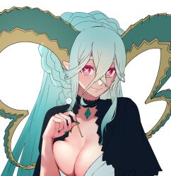 Rule 34 | 1girl, absurdres, black choker, braid, breasts, choker, cleavage, closed mouth, collarbone, colored eyelashes, crossed bangs, curled horns, fate/grand order, fate (series), green horns, green nails, hair between eyes, highres, holding, horns, large breasts, large horns, larva tiamat (fate), larva tiamat (third ascension) (fate), long hair, long horns, mimikaki, pointy ears, red eyes, seseragi azuma, simple background, smile, solo, symbol-shaped pupils, tiamat (fate), upper body, very long hair, white background, x-shaped pupils