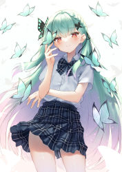 Rule 34 | 1girl, blush, bow, bowtie, braid, bug, butterfly, butterfly hair ornament, dress shirt, earrings, gradient hair, green hair, hair ornament, highres, hololive, ijac ray, insect, jewelry, long hair, looking at viewer, multicolored hair, pink hair, plaid, plaid skirt, red eyes, shirt, side braid, skirt, smile, solo, uruha rushia, uruha rushia (school uniform), virtual youtuber, white background