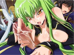 Rule 34 | 1boy, 1girl, aquamu, assertive female, blush, boots, breasts, brown eyes, brown hair, c.c., censored, cheese-kun, cleavage, code geass, cum, cum on body, cum on breasts, cum on hair, cum on upper body, ejaculation, closed eyes, facial, femdom, green hair, handjob, hetero, high heels, large breasts, lelouch vi britannia, lying, lying on person, naughty face, on person, open clothes, open mouth, open shirt, penis, pizza hut, shirt, shoes, tongue, yamagarasu, yellow eyes