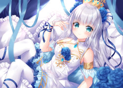 Rule 34 | 1girl, blue eyes, blue flower, blue rose, blush, breasts, cleavage, cleavage cutout, closed mouth, clothing cutout, commentary request, crown, dress, feet out of frame, flower, frilled dress, frilled pillow, frills, grey hair, hair flower, hair ornament, hand up, knees up, kohinata hoshimi, long hair, looking at viewer, lying, medium breasts, on back, original, pantyhose, pillow, rose, sleeveless, sleeveless dress, smile, solo, very long hair, white dress, white pantyhose