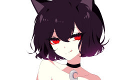 Rule 34 | 1girl, :q, animal ears, bare shoulders, black choker, black hair, cat ears, choker, collarbone, crescent, crescent choker, hair between eyes, highres, looking at viewer, original, portrait, red eyes, sheya, short hair, simple background, smile, solo, tongue, tongue out, white background