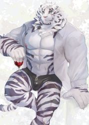 Rule 34 | 1boy, abs, alternate costume, alternate hairstyle, animal ears, arknights, bara, bare pectorals, black male underwear, boxer briefs, bulge, casual, collared shirt, cross-laced underwear, cup, drinking glass, foot out of frame, fuga9, furry, furry male, large pectorals, looking at viewer, male focus, male underwear, messy hair, mountain (arknights), muscular, muscular male, navel, nipples, open clothes, open shirt, pectorals, scar, scar across eye, scar on face, scar on stomach, shirt, short hair, solo, stomach, thighs, tiger boy, tiger ears, underwear, white fur, white hair, white shirt, wine glass