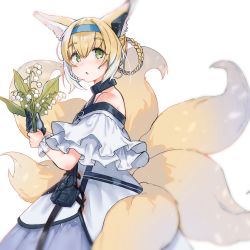 Rule 34 | 1girl, animal ear fluff, animal ears, arknights, bad id, bad pixiv id, bare shoulders, black gloves, blonde hair, blue hairband, blue skirt, blush, braid, braided hair rings, commentary request, flower, fox ears, fox girl, fox tail, from side, gloves, green eyes, hair between eyes, hair rings, hairband, headpiece, highres, holding, holding flower, hufy, kitsune, lily of the valley, looking at viewer, looking to the side, multicolored hair, parted lips, pleated skirt, shirt, simple background, single glove, single wrist cuff, skirt, solo, suzuran (arknights), tail, two-tone hair, white background, white flower, white hair, white shirt, wrist cuffs