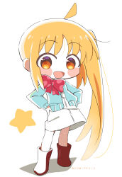 Rule 34 | 1girl, :d, ahoge, blonde hair, blue jacket, bocchi the rock!, boots, bow, chibi, full body, hands on own hips, ijichi nijika, jacket, komipe512, long hair, long sleeves, looking at viewer, open mouth, orange eyes, red bow, red footwear, side ponytail, sidelocks, simple background, smile, solo, standing, star (symbol), white background