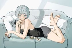 Rule 34 | 1girl, bare shoulders, barefoot, couch, feet, feet up, grey shorts, kimura 731, looking at viewer, lying, on stomach, original, pillow, short hair, shorts, solo