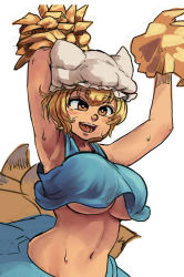 Rule 34 | 1girl, alternate costume, animal hat, armpits, arms up, blonde hair, blue skirt, blue tank top, breasts, brown eyes, chanta (ayatakaoisii), cheering, cheerleader, crop top, crop top overhang, fox tail, frilled hat, frills, hat, holding, holding pom poms, large breasts, midriff, mob cap, multiple tails, navel, open mouth, pom pom (cheerleading), pom poms, short hair, simple background, skirt, smile, solo, tail, tank top, touhou, underboob, upper body, white background, white hat, yakumo ran