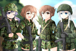 Rule 34 | 10s, 4girls, ak-74, ak-74m, akatsuki (kancolle), assault rifle, belt, body armor, bulletproof vest, camouflage, cyka, folded ponytail, gun, gun sling, helmet, hibiki (kancolle), highres, howa type 89, ikazuchi (kancolle), inazuma (kancolle), japan ground self-defense force, japan self-defense force, kalashnikov rifle, kantai collection, load bearing vest, military, military uniform, multiple girls, pouch, rifle, uniform, verniy (kancolle), weapon