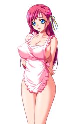 Rule 34 | 1girl, apron, areola slip, arms behind back, blue eyes, breasts, cleavage, covered erect nipples, highres, large breasts, legs, long hair, naked apron, nipple slip, nipples, no bra, pink hair, red hair, sideboob, solo, thighs, white background
