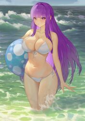 Rule 34 | 1girl, absurdres, alternate costume, ball, beachball, bikini, blunt bangs, breasts, cleavage, closed mouth, collarbone, commentary request, fern (sousou no frieren), front-tie bikini top, front-tie top, highres, holding, holding ball, holding beachball, large breasts, long hair, looking at viewer, lumen re, navel, ocean, partial commentary, purple eyes, purple hair, side-tie bikini bottom, sidelocks, solo, sousou no frieren, straight hair, swimsuit, wading, waves, white bikini