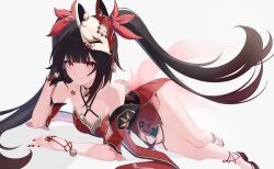 Rule 34 | 1girl, bare shoulders, black hair, breasts, butterfly-shaped pupils, closed mouth, collarbone, commentary, detached sleeves, dress, fingernails, flower tattoo, fox mask, hair ornament, halter dress, halterneck, head rest, highres, honkai: star rail, honkai (series), kotneo, long hair, looking at viewer, lying, mask, mask on head, medium breasts, mole, mole under each eye, mole under eye, multiple moles, nail polish, on stomach, pink eyes, red dress, red nails, sandals, simple background, sleeveless, sleeveless dress, smile, solo, sparkle (honkai: star rail), symbol-shaped pupils, tattoo, thighs, twintails, very long hair, white background