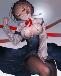 Rule 34 | 1girl, between legs, blue skirt, blush, braid, breasts, brown hair, brown pantyhose, buttons, cleavage, collared shirt, commentary, cowboy shot, frilled shirt, frilled sleeves, frills, gradient background, green eyes, grey background, hair between eyes, hand between legs, hand up, hanusu, head tilt, high-waist skirt, highres, idolmaster, idolmaster million live!, idolmaster million live! theater days, jewelry, large breasts, light particles, long sleeves, looking at viewer, lying, neck ribbon, necklace, nipple slip, nipples, nose blush, on back, pantyhose, parted lips, partially unbuttoned, pendant, red pupils, red ribbon, ribbon, sakuramori kaori, shiny skin, shirt, short hair, skirt, solo, strap slip, suspender skirt, suspenders, treble clef, white background, white shirt