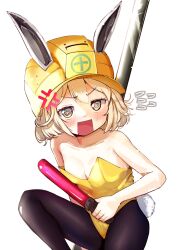 Rule 34 | 1girl, @ @, angry, animal ears, black pantyhose, blonde hair, blush, breasts, emuesukei, fake animal ears, fake tail, goddess of victory: nikke, helmet, highres, holding, leotard, liter (nikke), open mouth, pantyhose, rabbit ears, rabbit tail, short hair, simple background, small breasts, tail, white background, yellow eyes, yellow leotard