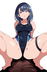 Rule 34 | 1boy, 1girl, abs, barefoot, batta 16-sei, black hair, black one-piece swimsuit, commentary request, competition swimsuit, covered erect nipples, grey eyes, gridman universe, highres, long hair, looking at viewer, m legs, multicolored clothes, multicolored swimsuit, one-piece swimsuit, pov, simple background, sitting, solo focus, spread legs, ssss.gridman, straddling, swimsuit, takarada rikka, white background
