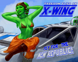 Rule 34 | 1girl, alien, anziosta, armpits, arms behind head, astromech droid, bikini, bikini top only, blue sky, boots, breasts, brown footwear, cloud, collarbone, colored skin, crossed legs, day, english text, green eyes, green skin, highres, jumpsuit, jumpsuit around waist, lekku (anatomy), looking at viewer, open mouth, orange jumpsuit, outdoors, propaganda, robot, sitting, sky, small breasts, solo, spacecraft, star wars, swimsuit, t-70 x-wing, teeth, twi&#039;lek, x-wing